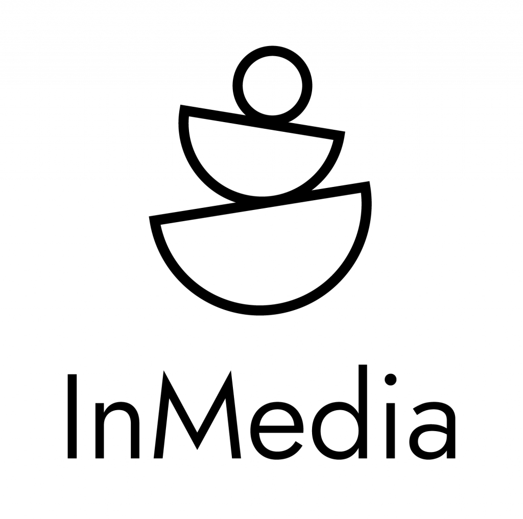 Logo von InMedia. Eine schematisch dargestellte Figur bestehend aus einem Kreis und zwei Halbkreisen balanciert sich in der Mitte aus.