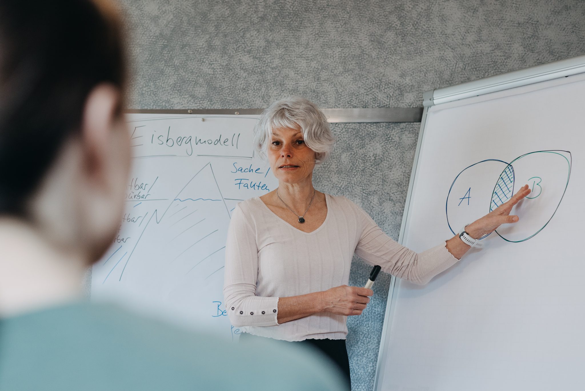 Annemarie erklärt in der Mediation verschiedene Herangehensweisen an einem Whiteboard.